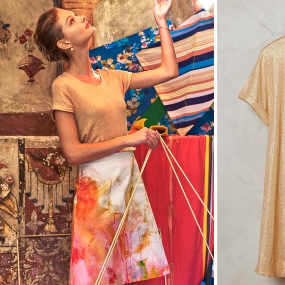 Anthro Bordeaux Glimmered Tee Peach Metallic Linen - Picture 2 of 6